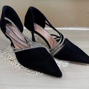 Women's Black Pointed Toe Rhinestone-Strap Heels perfect for Grad or a Wedding